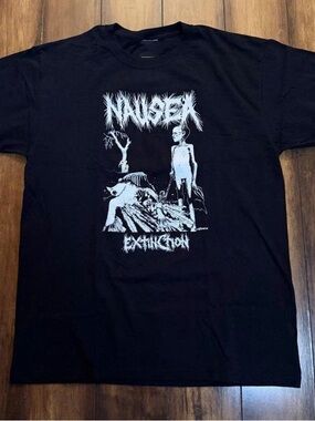 T-Shirt with White 'Nausea Extinction' Graphic
